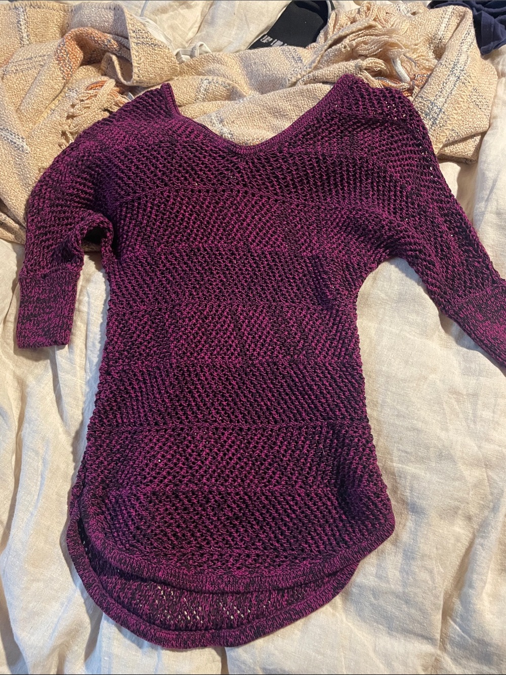 Express Open-Knit V-Neck Sweater in Plum